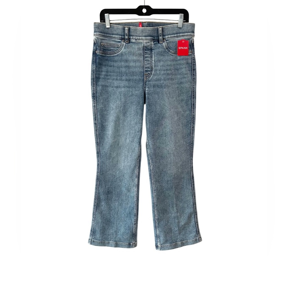 SPANX kick flare jeans Large indigo sky blue pull on stretch shaping new NWT